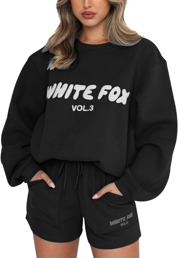 Women Sweatsuits Sets Clearance 2 Piece Outfits White Fox Shorts Sets Lounge Hoodie Sweatsuit Sets Oversized Sweatshirt Baggy Fall Fashion Sweatpants with Pockets