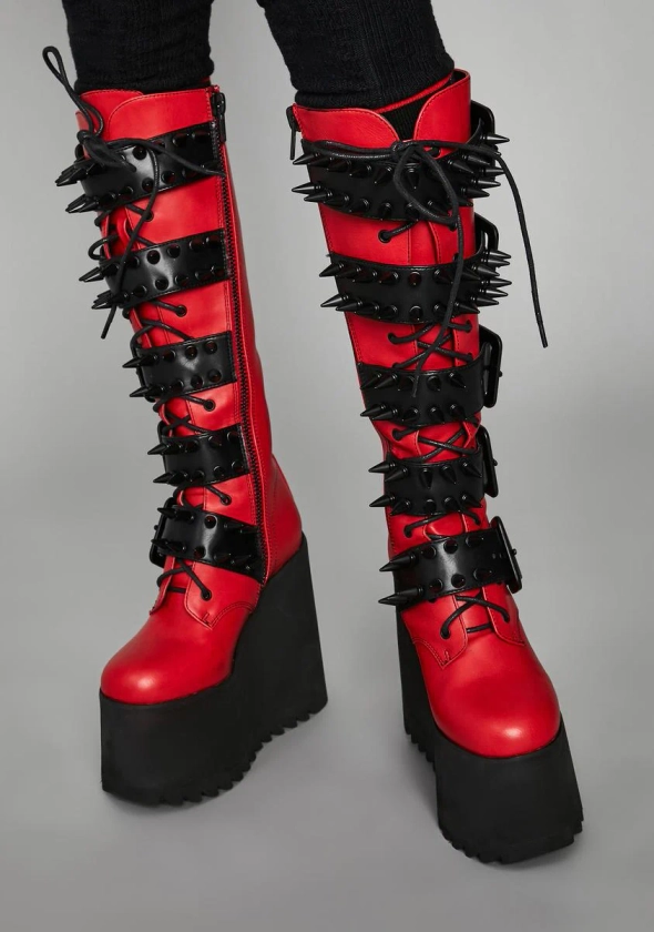 Widow Vegan Leather Buckle Platform Boots - Black Red