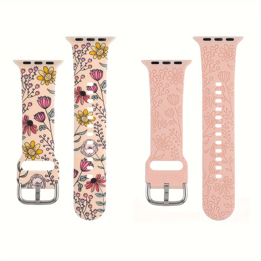 2 Pcaks Printed And Engraved Silicone Band For Iwatch Series 9/8/SE/7/6/5/4 Women's Floral Pattern Sport Strap