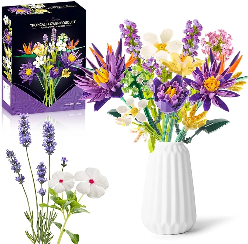 Flower Bouquet Building Set, 891PCS DIY Artificial Flower Bouquet Set, Birds of Paradise and Water Lily Bouquet Building Sets for Home Office Decor for Adults, Gift for Valentine's Day, Mother's Day