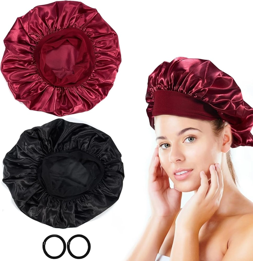 Bonnet Satin Cheveux Nuit，2pcs Bonnet Soie Bonnet en Satin avec 2 Élastiques Cheveux, Texturé de Soie, Bonnet de Nuit Femme pour Protection Courts Longs Bouclés (Noir, Vin Rouge)