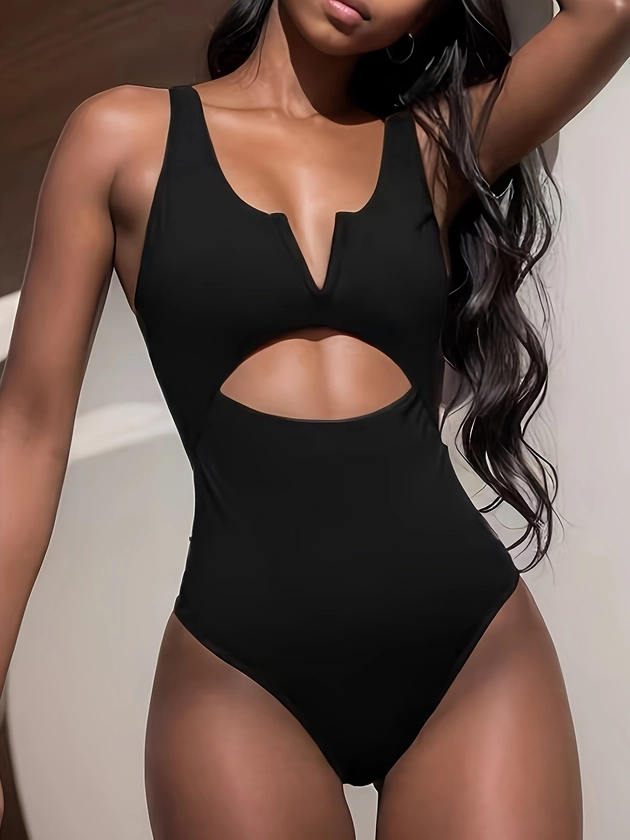 Notched V Neckline Hollow Out One-piece Swimsuit, Hollow Out Plain High Stretch Backless Bathing Suits, Women&#39;s Swimwear &amp; Clothing