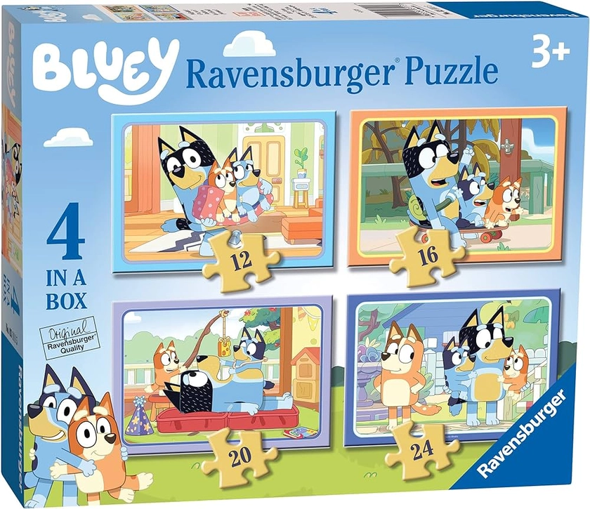 Ravensburger Bluey Toys - 4 in Box Jigsaw Puzzles for Children Age 3 Years Up - 12, 16, 20, 24 Pieces - Gifts for Kids