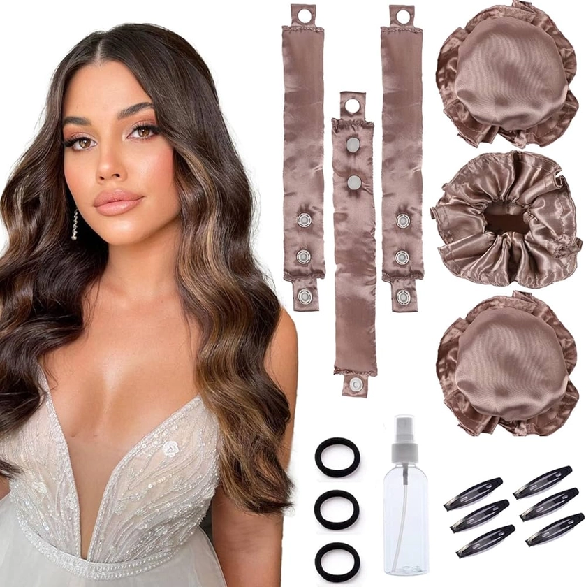 3 Sets Satin Heatless Curling Set Overnight Curls Blowout Rods Soft Hair Curlers to Sleep in Bun Bons Heatless Curls with Bonnet Cap No Heat Headband Silk Roller Wrapper Brown