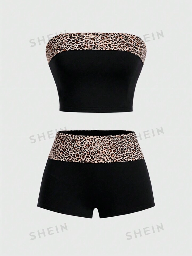 SHEIN EZwear Leopard Print Spliced Bandeau Top And Shorts Set