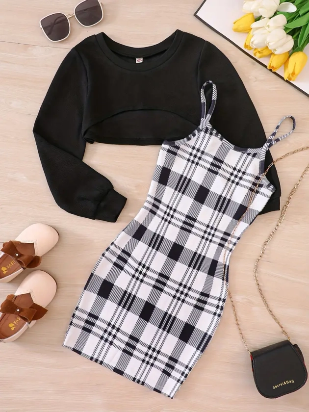 Trendy Girl's 2pcs, Plaid Pattern Sundress & Crop Sweatshirt Set, Casual Outfits, Kids Clothes For Spring Autumn