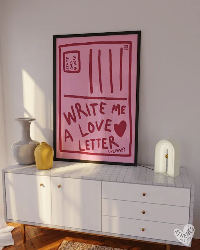Love Letter print, Lovecore decor, Danish pastel decor, Dopamine decor, Pink and red wall art, Aesthetic apartment decor, bedroom wall art