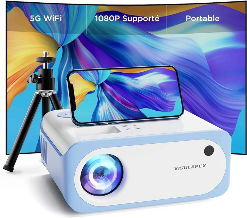 Mini Projecteur Portable avec Trépied, VISULAPEX V3 5G WiFi Vidéoprojecteur 9000LM, 1080P Full HD Supportée, Rétroprojecteur pour Home Cinéma, Compatible avec Smartphone HDMI USB Firestick