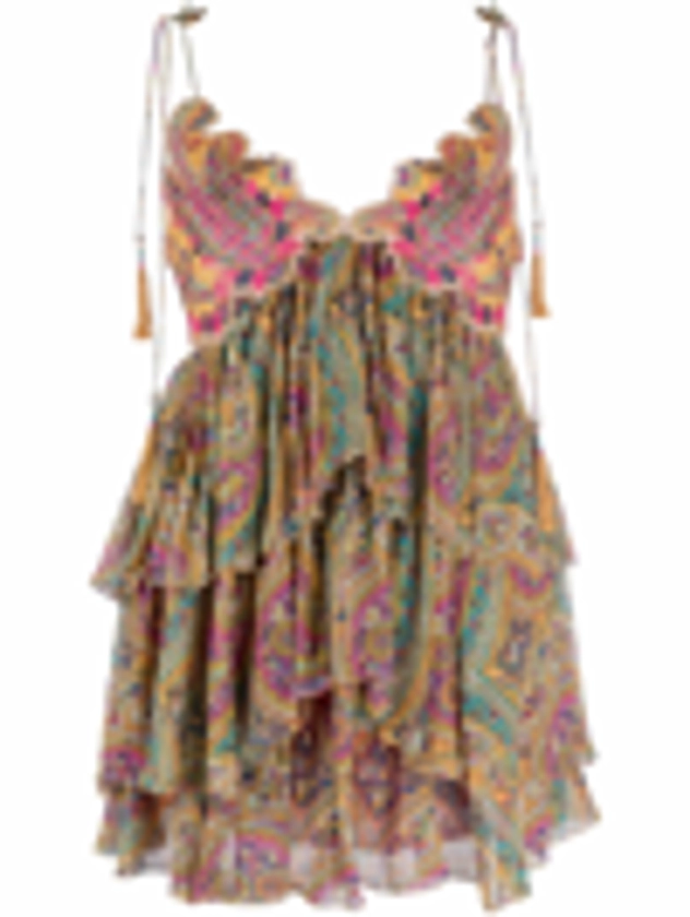 Paisley-print Tiered Crinkle-silk Embroidered Mini Dress In Yellow