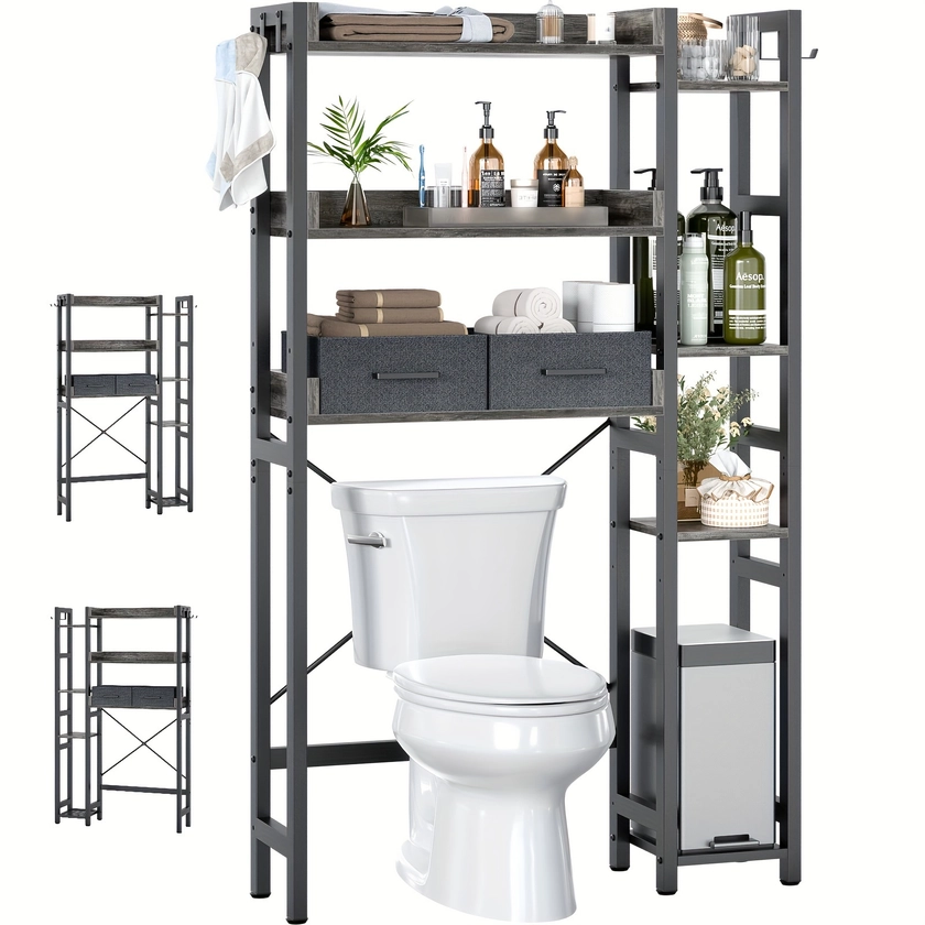 Over The Toilet Storage with 2 Drawers - 7 Tier Bathroom Organizer with Adjustable Shelf, Freestanding Space Saver Storage Rack Above Toilet Stand with 4 Hooks for, Restroom, Laundry