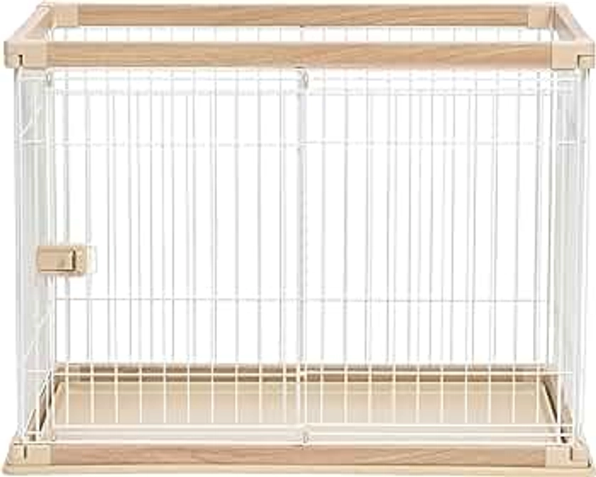 IRIS USA Medium Wire Pet Pen, For Puppy Small Dogs Easy Assembly Wire Dog Crate with Included Bottom Tray, Secure Latches and Stylish Wood-Like Trim, Light Brown/White