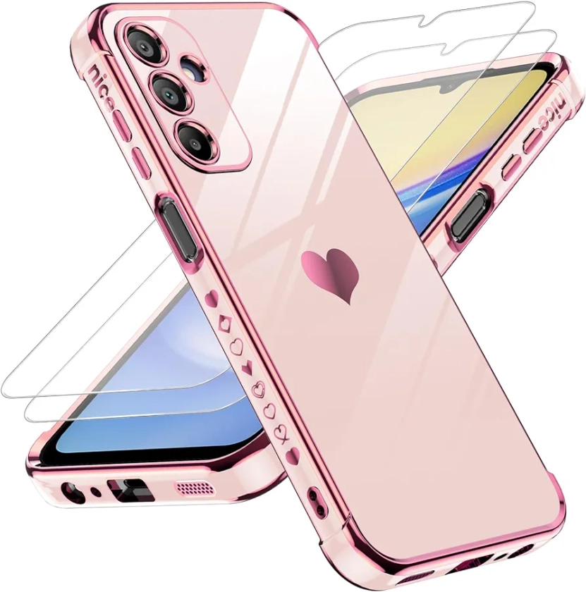LeYi for Samsung Galaxy A15 5G Case: with Tempered Glass Screen Protector [2 Pcs]+ Full Camera Lens Protection, Love Heart Plating Girly Women Luxury Soft TPU Shockproof Case for Samsung A 15 5G, Pink