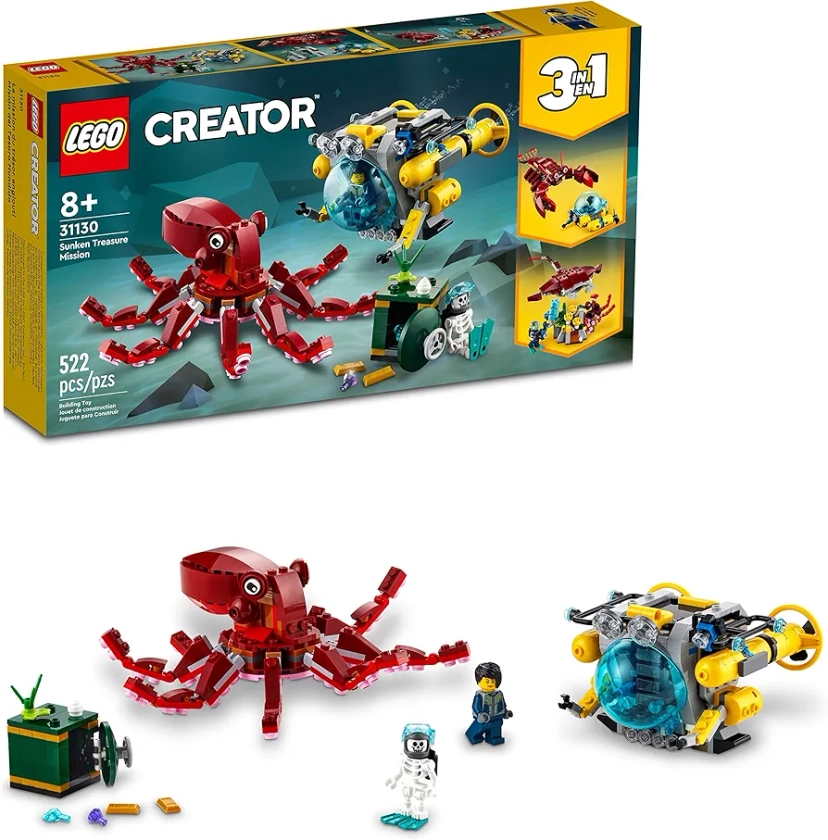 LEGO Creator 3 in 1 Sunken Treasure Mission Submarine Toy, Underwater Creatures Transform from Octopus tp Lobster to Manta Ray, Fun Sea Animal Figures, 31130