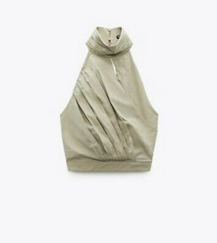 Zara Cotton Pleated High Neck Khaki Top L NEW