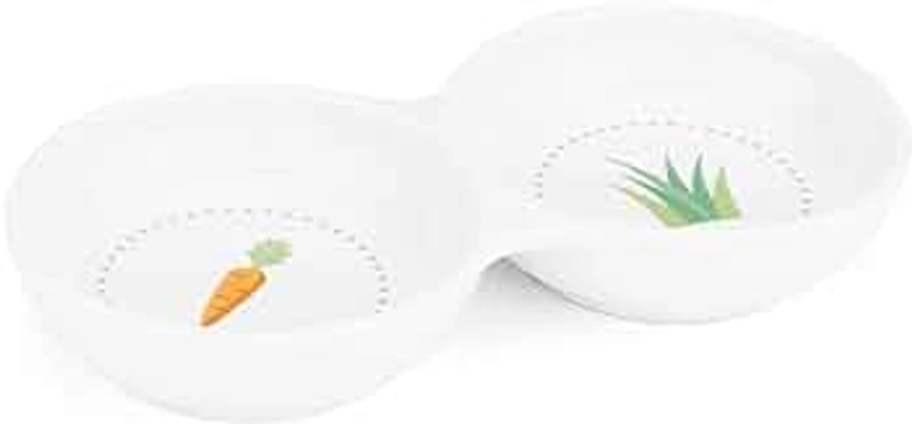 Navaris Double Food Bowl for Small Animals - Ceramic Food Bowls for Rabbits, Guinea Pigs, Small Pets - Rabbit Water Dish - Carrot and Grass Design