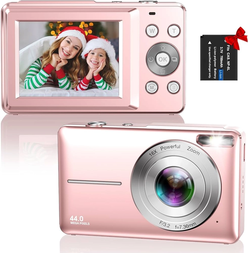 Digital Camera, Hauyince FHD 1080P 44MP Compact Camera, Vlogging Camera with 16X Digital Zoom, Powerful Cameras for Photography, Portable Mini Camera for Kids Teens Beginners-Pink