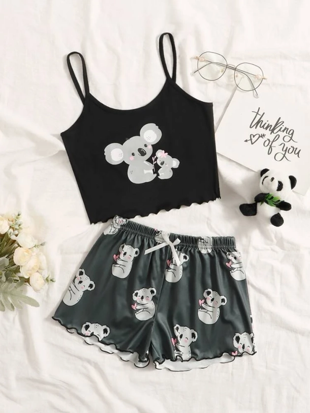 Girls Koala Print Lettuce Trim Cami PJ Set | SHEIN UK