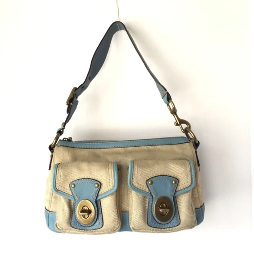 Coach Legacy Khaki Canvas And Light Blue Leather Pocket Shoulder Bag