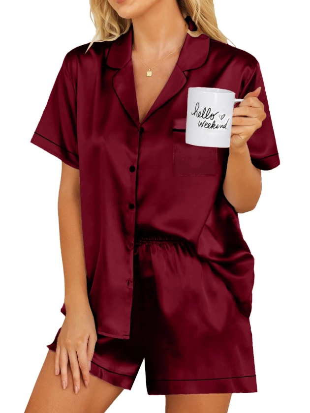 DAKIMOE Womens Silky Satin Pajama Set Short Sleeve Shirt with Shorts 2 Piece Pjs Sets Soft Silk Sleepwear Nightwear Button-Down Loungewear S-XL