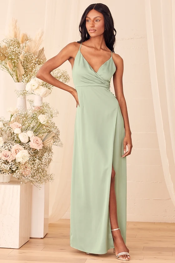 Outstanding Elegance Sage Green Satin Surplice Maxi Dress