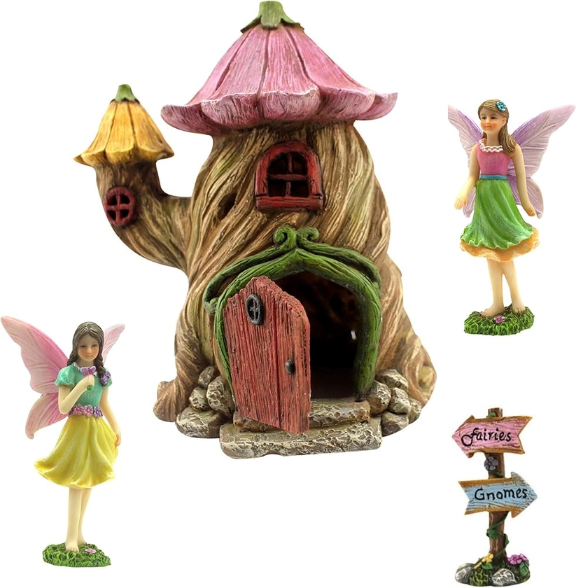 PRETMANNS, Fairy Garden Houses - Fairy House & Fairy Figures - Fairy Garden Ornaments & Fairies for Fairy Garden - Fairy Houses Kit - 4 Pieces : Amazon.co.uk: Garden