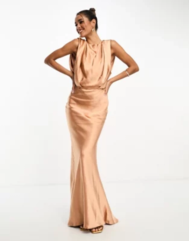 ASOS DESIGN textured satin drape shoulder maxi dress in brown | ASOS