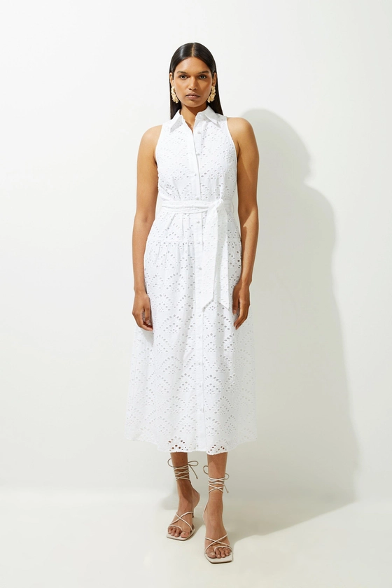 Cotton Broderie Belted Woven Maxi Shirt Dress | Karen Millen