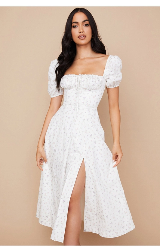 Clothing : Midi Dresses : 'Tallulah' White Floral Puff Sleeve Midi Dress