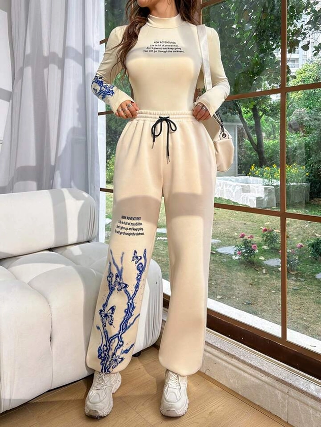 SHEIN EZwear Butterfly And Lightning Printed Tight-Fitting Long Sleeve T-Shirt And Sweatpants Set