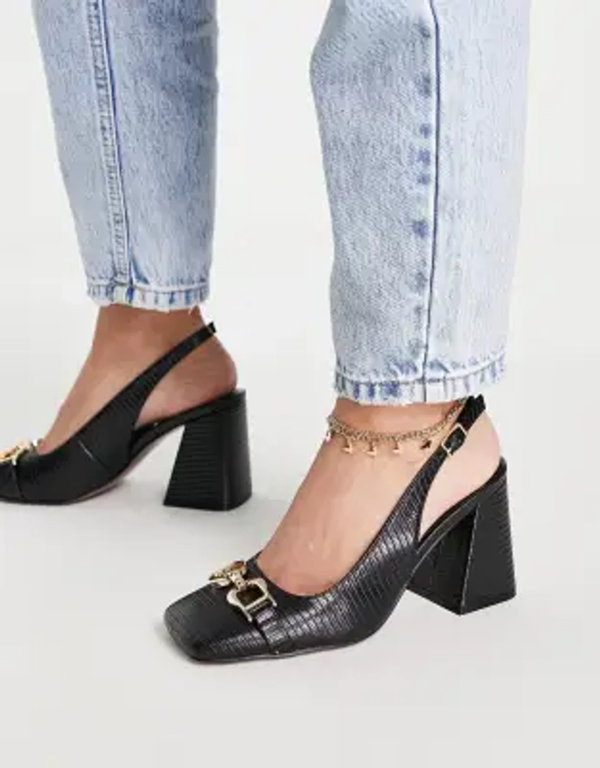 ASOS DESIGN Stable snaffle detail slingback heeled shoes in black | ASOS