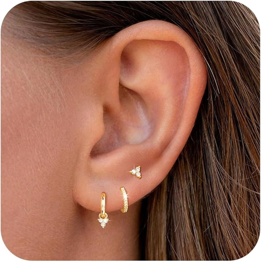 14K Gold Plated Earrings Sets for Multiple Piercing Stud Earrings for Women Dainty Gold Small Huggie Hoop Earrings Hypoallergenic Flat Back Cartilage Earrings Jewelry Gifts