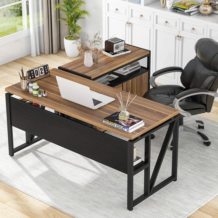 Amazon.com: Tribesigns L Shaped Desk with Drawer Cabinet, 55" Executive Computer Desk and lateral File Cabinet, 2 Piece Home Office Furniture with Drawers for Hanging File, Doors with Locks (Dark Walnut+Black) : Home & Kitchen