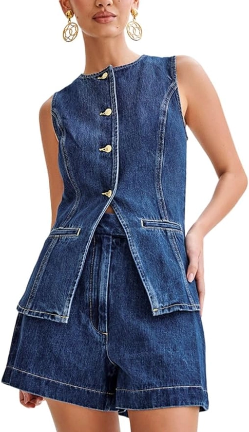 Women's Denim 2 Piece Outfits Casual Button Down Sleeveless Top Trendy High Waist Jean Shorts
