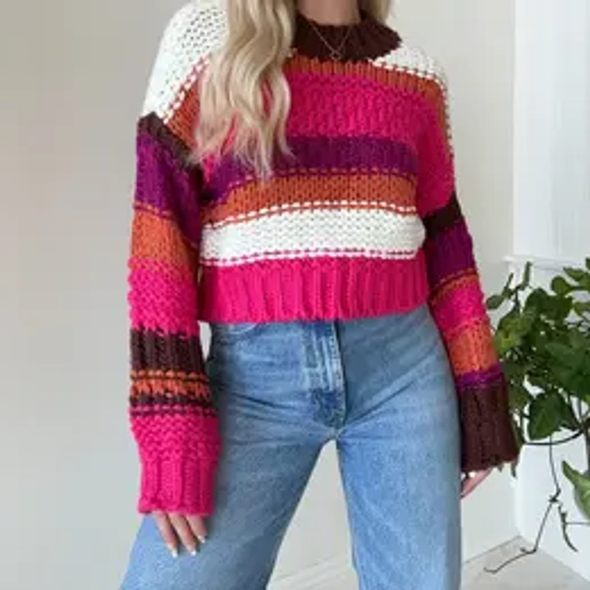 Pink Striped Apple Orchard Knit Sweater for Women - Chunky Winter/Fall Acrylic Top