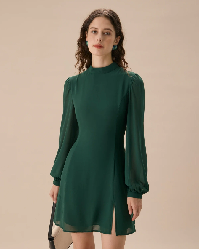 The Green Stand Collar Sheer Slit Mini Dress