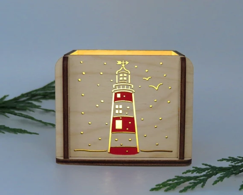 Personalised Snowy Lighthouse lightbox, Smeaton&#39;s Tower, Plymouth, Christmas gift, Secret Santa, Stocking filler, lighthouse, nautical gift
