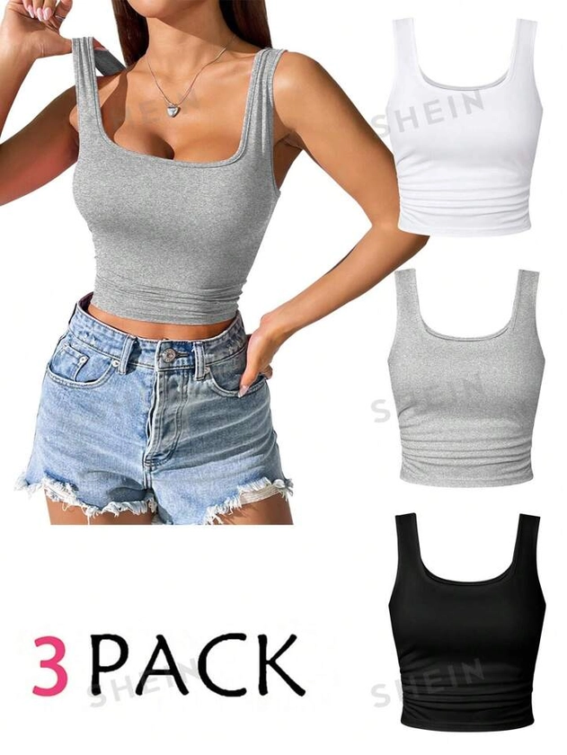 SHEIN EZwear 5pcs Solid Color Slim Fit Tank Tops,Baby Tees Woman, Summer