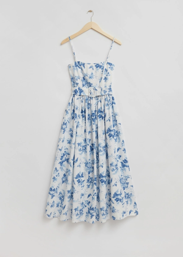 Voluminous Belted Midi Dress - White/Blue Floral Print - & Other Stories GB