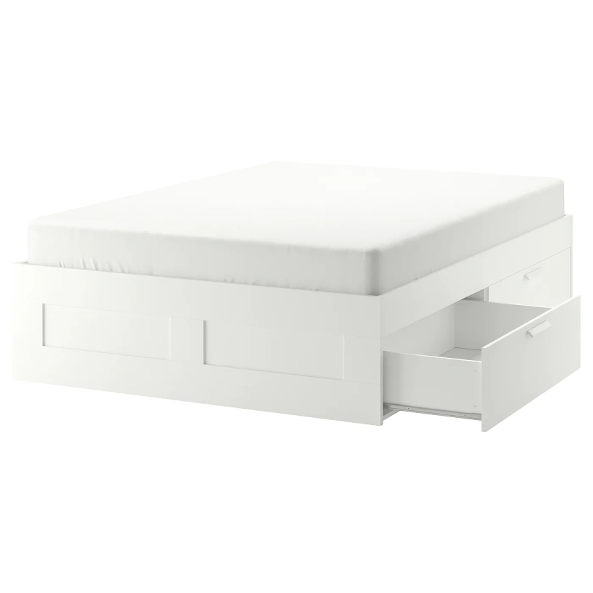 BRIMNES bed frame with storage, white/Luröy, Queen - IKEA CA