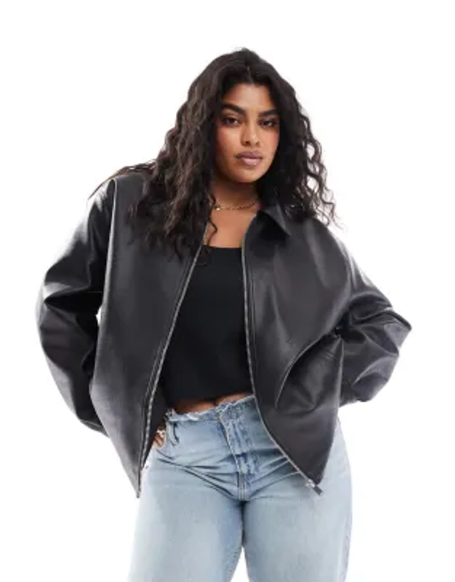 ASOS DESIGN Curve zip front leather look harrington jacket in black