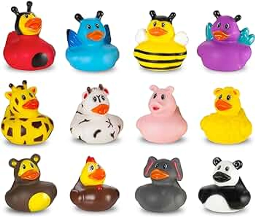 Assortment Rubber Duck Toy Duckies for Kids - 12 Pack - Sensory Play, Stress Relief, Stocking Stuffers, Bath Birthday Gifts Baby Showers Classroom Incentives, Summer Beach and Pool Activity