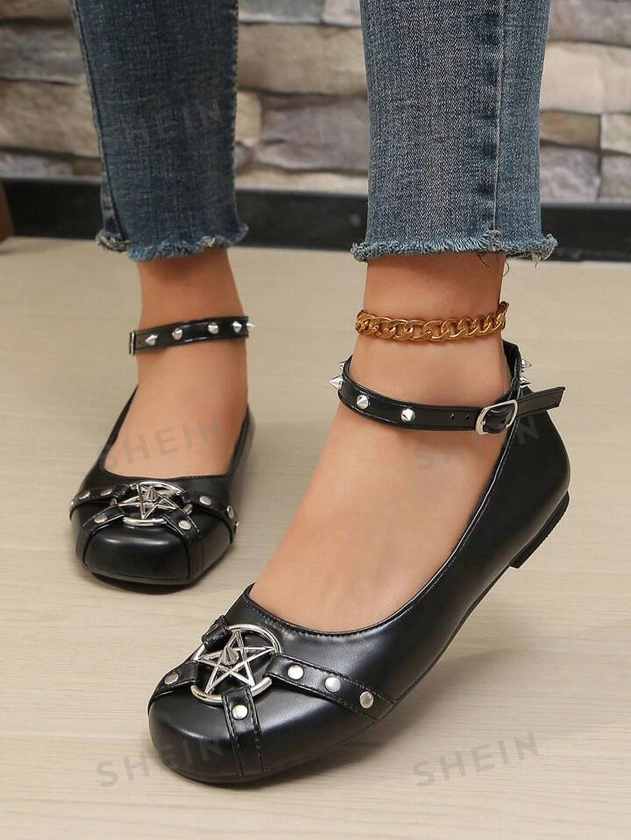 ROMWE Goth Zapatos Planos Ocasionales Del Dedo Del Pie Redondo De Las Nuevas Mujeres De La Llegada Con La Estrella Oscura Y La Decoración Del Perno Prisionero