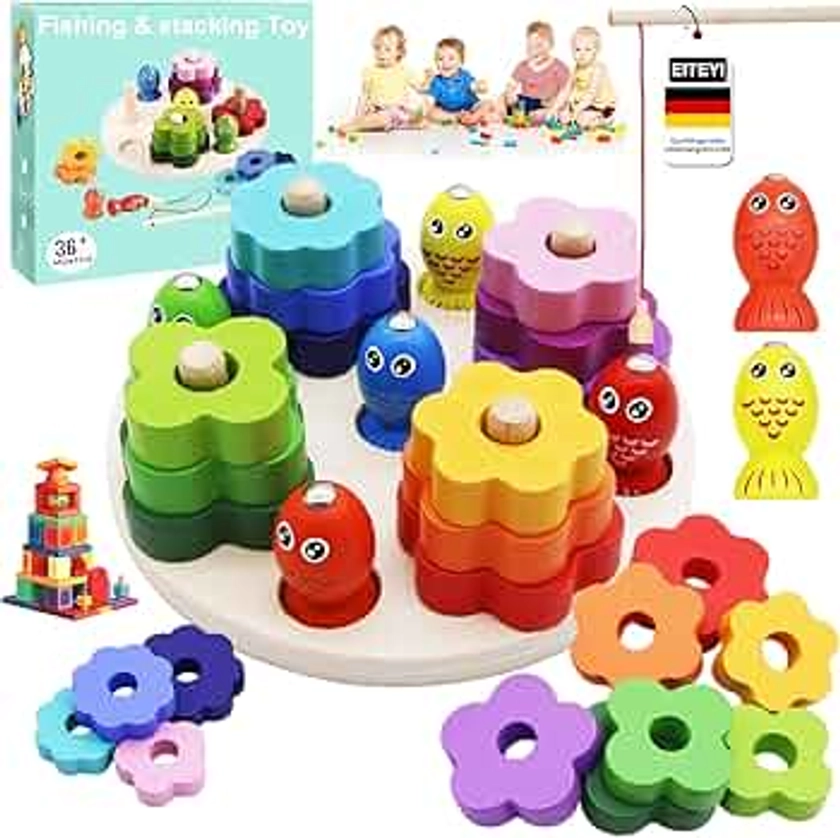 EITEYI Jouets Montessori à Empiler et de Tri Bebe 2 3 4 5 6 Ans Jouet D'activité et de Développement, Jeux de Peche en Bois Jeux Montessori pour Tout-Petits 1 an Jouet Enfant 2 3 Ans