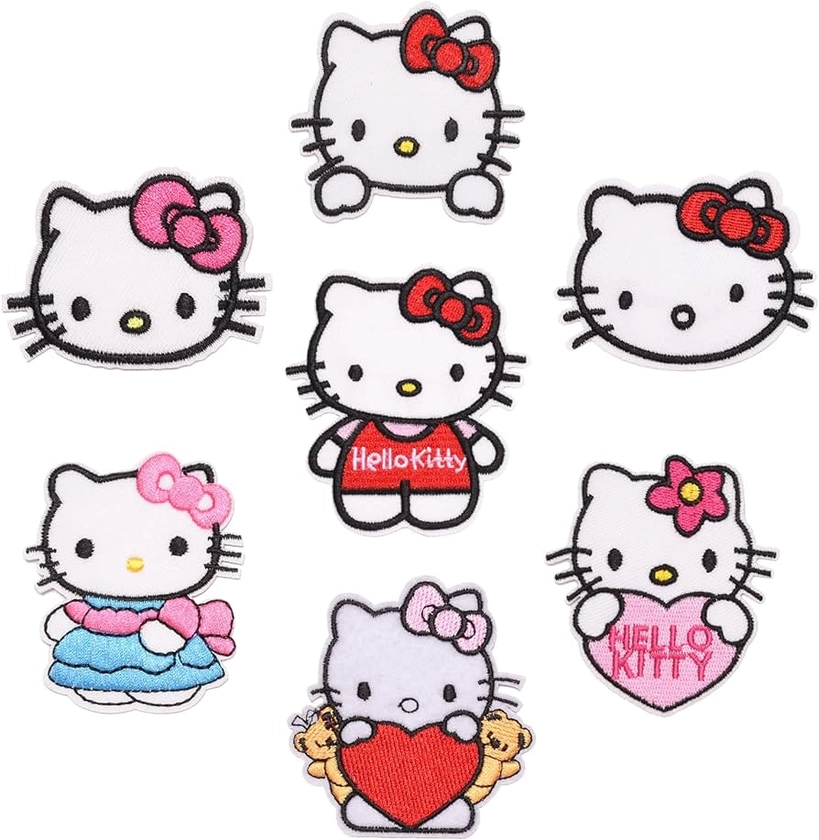 Cute Cartoon Kitty Iron On Patches Sew On Embroidered Appliqué Patches for Decorate or Mend Children Adult Shirts Jacket Jeans Hats Bags Socks（7Pcs Set）