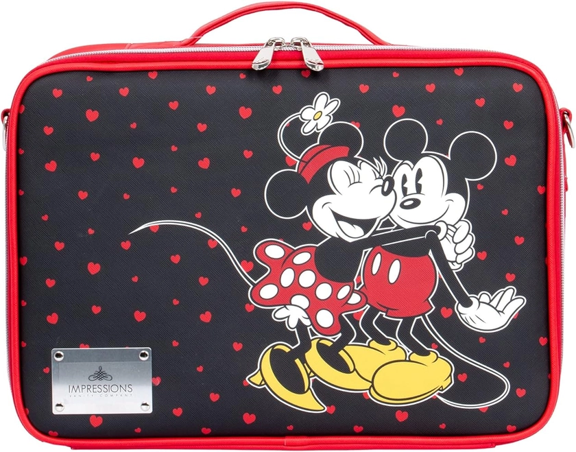 Impressions Vanity Disney Mickey and Minnie Makeup Organizer Bag with Adjustable Dividers, Handheld Cosmetic Bag with Badge Holder, Cosmetic Shoulder Travel Essentials Bag with Detachable Strap