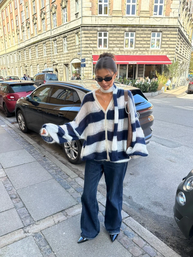 PEARL/NAVY STRIPED MOHAIR AND SILK CARDIGAN
