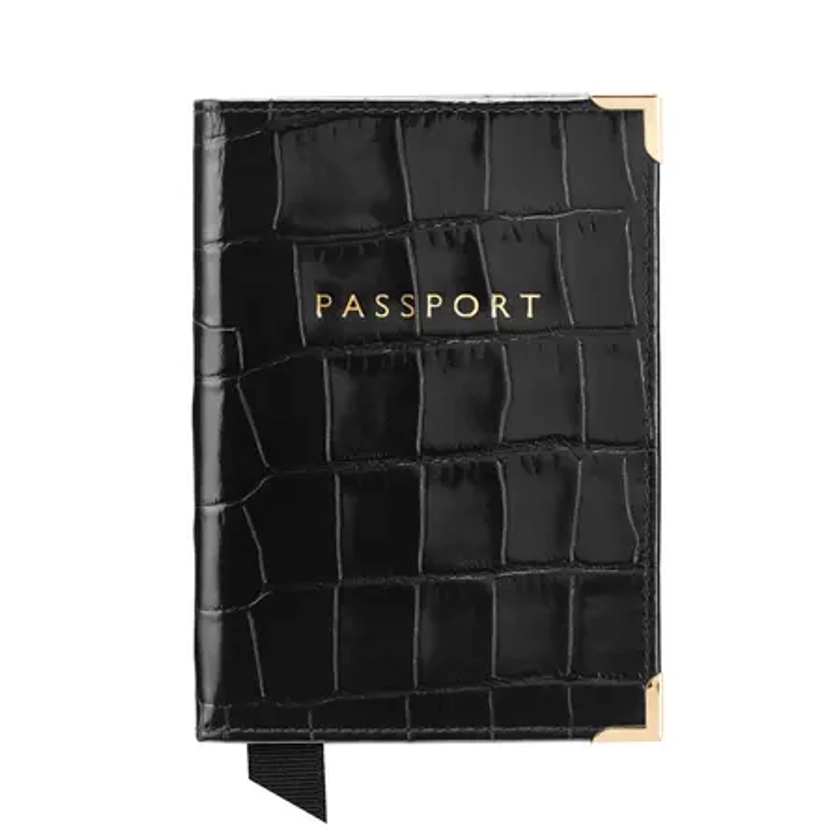 Passport Cover in Deep Shine Black Croc & Red Suede