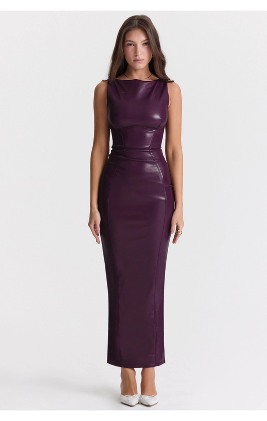 Clothing : Maxi Dresses : 'Sahara' Merlot Vegan Leather Maxi Dress