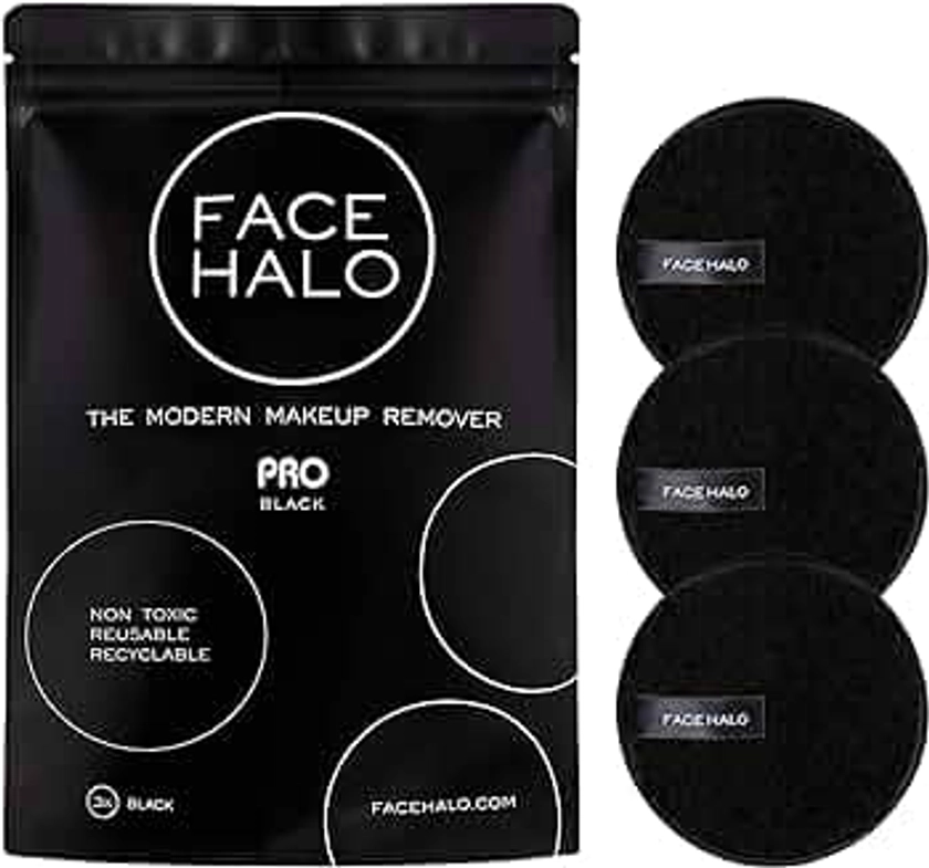 Face Halo Reusable Makeup Remover Pads, No Product Needed | Gently Removes Makeup With Just Water, Ultra-Soft, Eco-Friendly, Non-Toxic, All Skin Types, Replaces 500 Single-Use Wipes | Pro Black 3-Pack