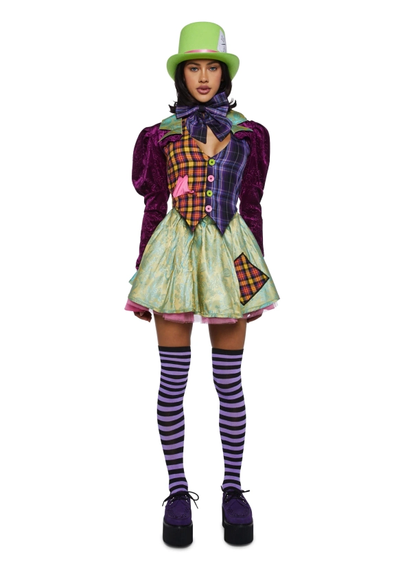 Alice Mad Hatter Wonderland Sexy Womens Halloween Costume Costume Set - Multi